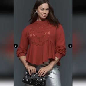 Anthropologie Lace Cutwork Swing Red Top NWOT Large